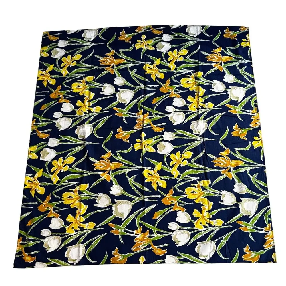 Hand Sewn Fabric Tablecloth navy blue yellow white flowers irises tulips square